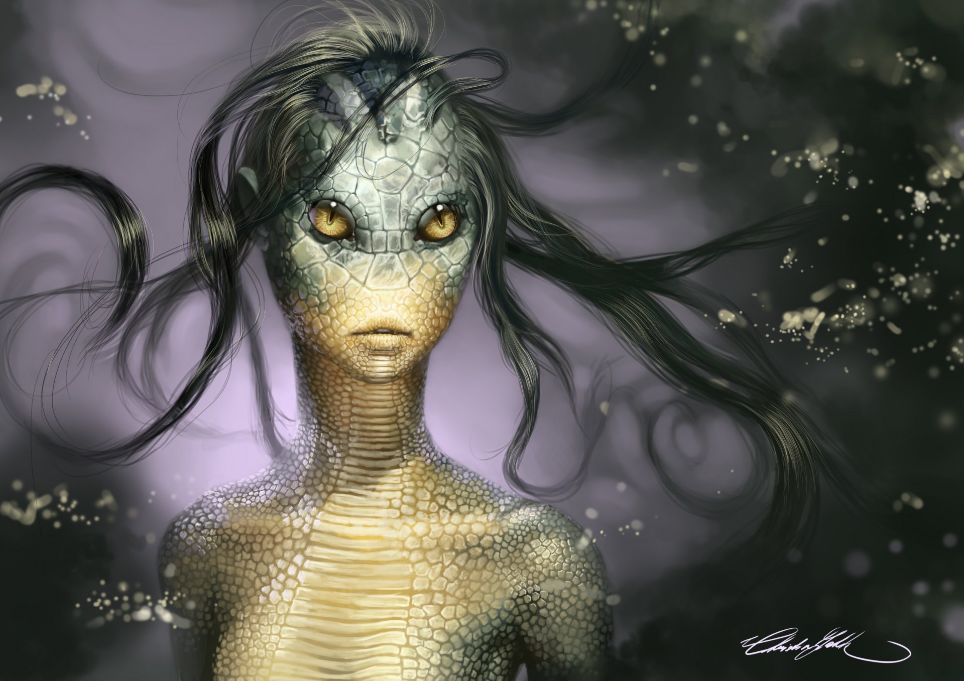 HD fantasy PC wallpaper featuring a mysterious creature with reptilian scales, glowing yellow eyes, and flowing dark hair against a smoky, ethereal background.