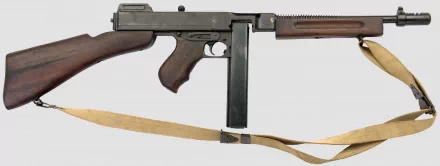 A detailed HD desktop wallpaper featuring a submachine gun, showcasing its sleek design and wooden accents, set against a neutral background.