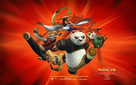 HD desktop wallpaper featuring Po, Tigress, Monkey, and other characters from the Kung Fu Panda 2 movie in dynamic action poses against a vibrant red background.