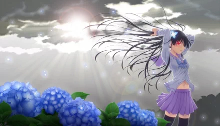 An enchanting HD anime wallpaper from Sankarea, featuring a girl with flowing hair in a serene setting with blue hydrangeas and soft sunlight breaking through clouds.