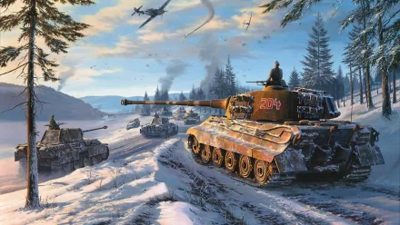 HD military desktop wallpaper featuring tanks advancing through a snowy forest landscape with fighter planes soaring overhead during an intense battle scene.