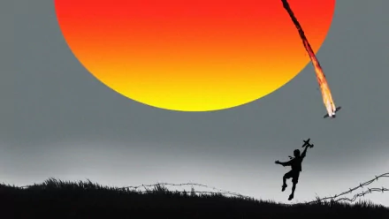HD desktop wallpaper featuring a dramatic scene from the movie Empire Of The Sun with a large sun and a silhouetted figure reaching toward a falling object.