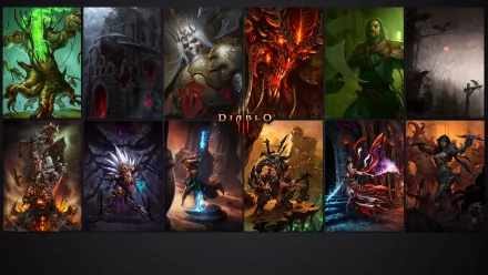 A vibrant HD wallpaper featuring characters from Diablo III, including the Demon Hunter, Wizard, Monk, Witch Doctor, and Barbarian, set against dark fantasy backgrounds.