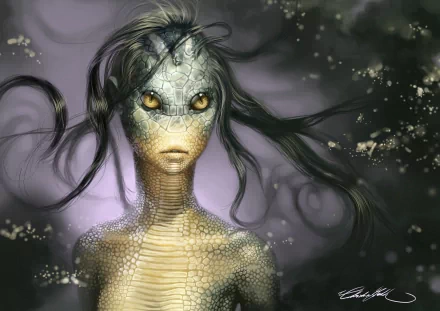 HD fantasy PC wallpaper featuring a mysterious creature with reptilian scales, glowing yellow eyes, and flowing dark hair against a smoky, ethereal background.