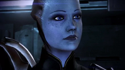 HD PC wallpaper of Liara T'Soni (Mass Effect 3): close-up of the blue Asari's face and thoughtful gaze inside a dim spaceship interior.
