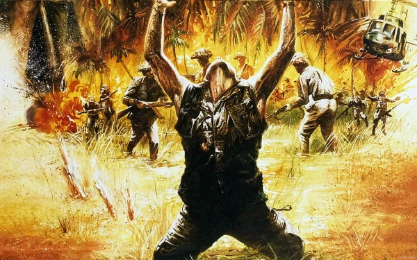 HD PC desktop wallpaper featuring a dramatic scene from the movie Platoon, showing soldiers in combat amidst explosions and a helicopter overhead.