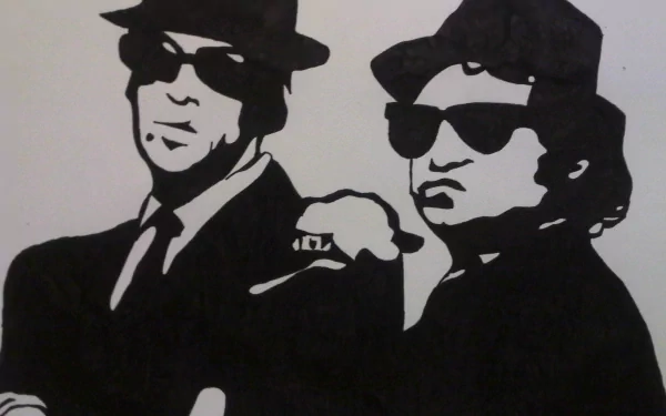 HD PC desktop wallpaper featuring a stylized black-and-white illustration of The Blues Brothers from the movie, wearing sunglasses and hats.