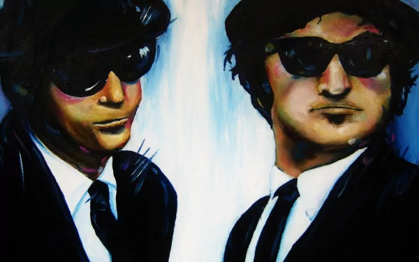 HD PC desktop wallpaper featuring a stylized painting of The Blues Brothers from the iconic movie, showcasing the characters in dark suits and sunglasses.