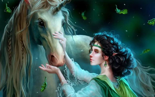 A stunning HD wallpaper featuring a whimsical fantasy scene with a woman gently interacting with a majestic unicorn amidst a mystical background.