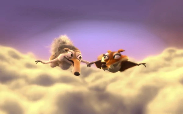 HD PC desktop wallpaper featuring characters from the movie Ice Age: Dawn of the Dinosaurs floating above clouds at sunset.
