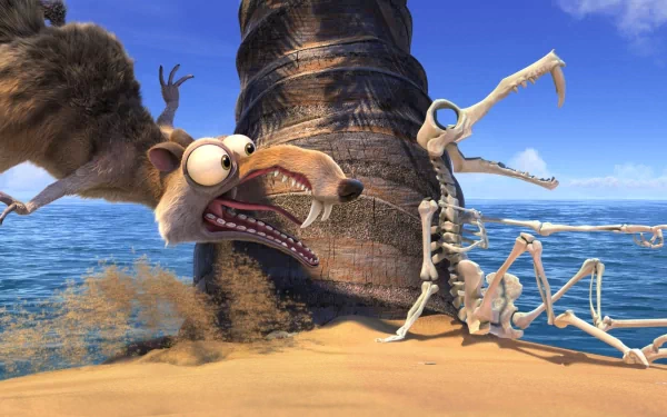 HD desktop wallpaper featuring characters from the movie Ice Age: Continental Drift, showing Scrat startled by a skeletal figure on a beach near a palm tree.
