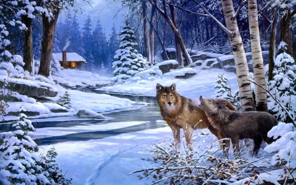 A serene winter scene features a birch forest blanketed in snow, with two wolves by a frozen stream and a cozy cabin in the background, capturing the beauty of nature in HD.