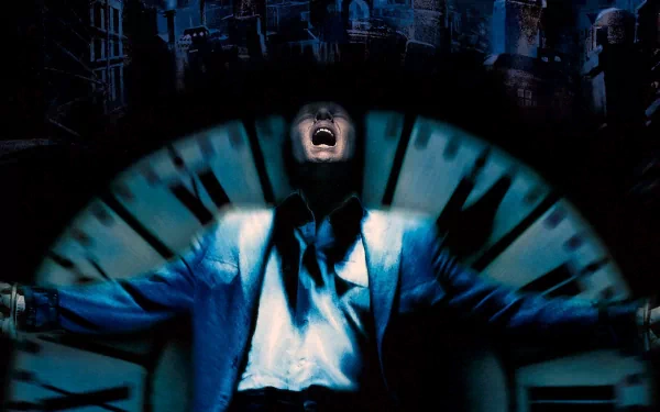 Dark City movie HD PC desktop wallpaper: blue-lit man in a suit screaming before a giant clock, shadowy city skyline behind him.