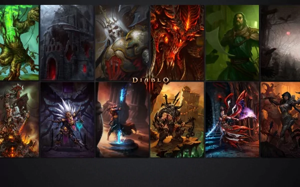 A vibrant HD wallpaper featuring characters from Diablo III, including the Demon Hunter, Wizard, Monk, Witch Doctor, and Barbarian, set against dark fantasy backgrounds.