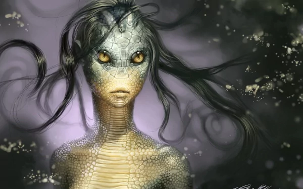 HD fantasy PC wallpaper featuring a mysterious creature with reptilian scales, glowing yellow eyes, and flowing dark hair against a smoky, ethereal background.