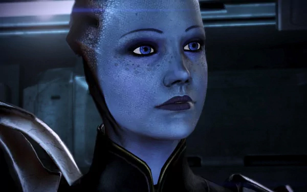 HD PC wallpaper of Liara T'Soni (Mass Effect 3): close-up of the blue Asari's face and thoughtful gaze inside a dim spaceship interior.