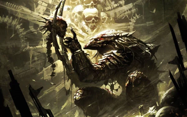 A fierce alien predator holds a skull in a dark, atmospheric sci-fi setting, surrounded by shattered structures and ominous skulls, creating an intense and captivating HD background.