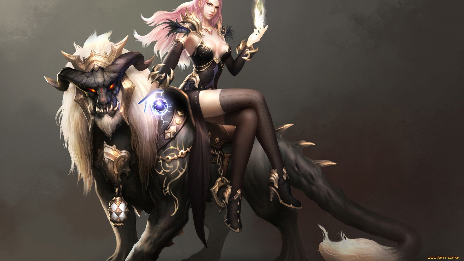 A fantasy-themed HD wallpaper featuring a fierce warrior with pink hair, wielding magic, while seated on a majestic, powerful beast adorned with intricate details.