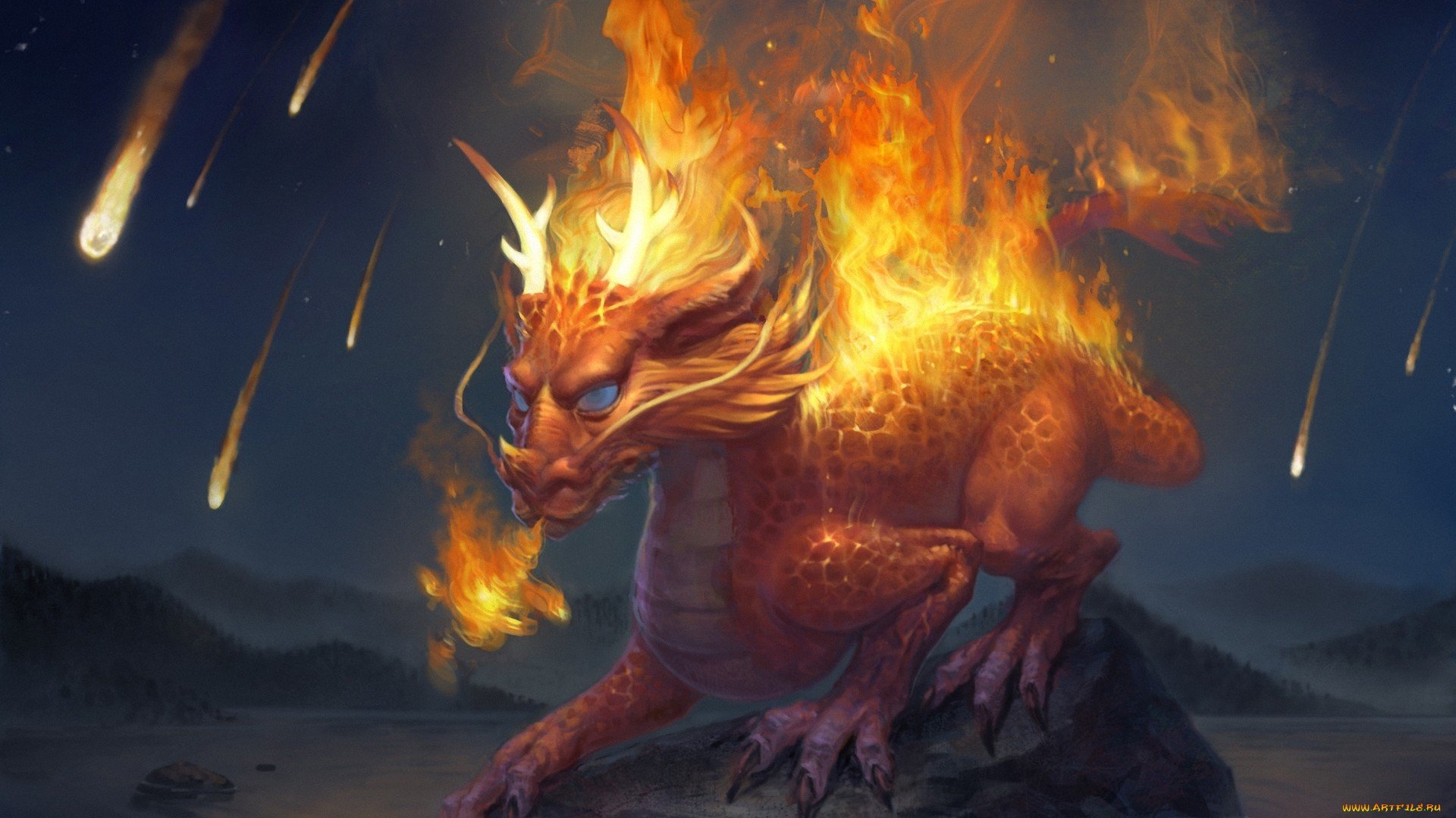 A fiery dragon unleashes flames in a dramatic landscape, surrounded by falling meteors, creating an intense fantasy scene. High-definition wallpaper for desktops.