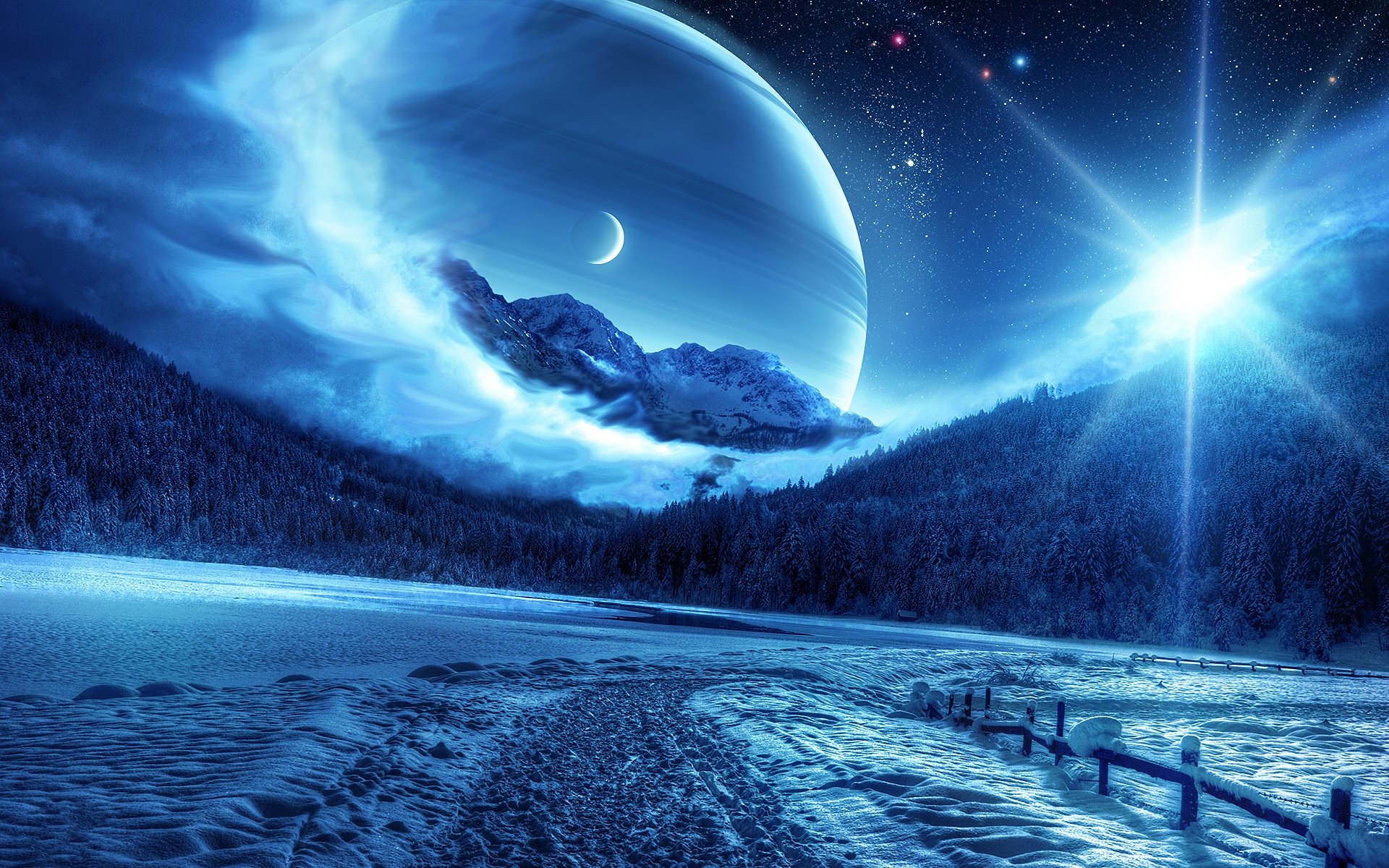 A stunning sci-fi landscape featuring a planet rising over a serene, icy lake surrounded by mountains, illuminated by a bright star and cosmic hues, creating a captivating desktop background.
