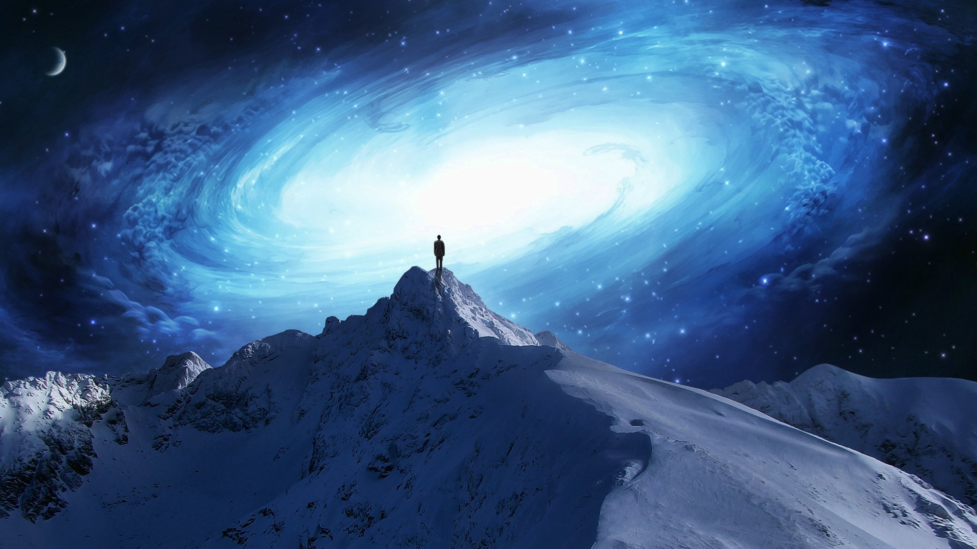 Fantasy-themed artistic HD desktop wallpaper depicting a lone figure standing on a snowy mountain peak beneath a luminous spiral galaxy in a star-filled night sky.