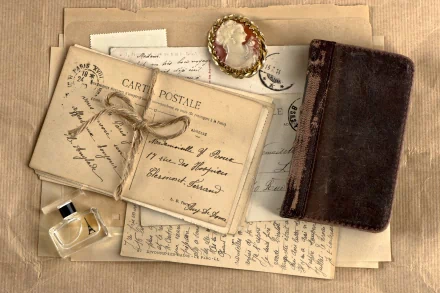 Vintage photography featuring postcards, letters, and a diary, all artfully arranged on a textured surface, creating a nostalgic desktop wallpaper and background.