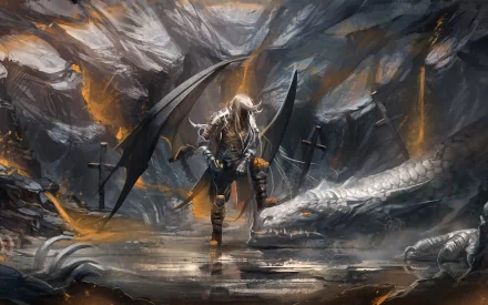 An epic fantasy scene features a formidable angel warrior poised against a backdrop of dark mountains and a slain dragon, encapsulating a dramatic battle in stunning HD quality.