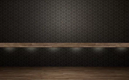 Abstract grey patterned wall with subtle geometric motifs, narrow wooden ledge and floor; 2K Quad HD PC desktop wallpaper/background.