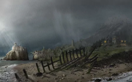 Dark, stormy coastal landscape from the video game Gothic 4, featuring a broken fence, distant buildings, and a moody sky in this HD PC desktop wallpaper.