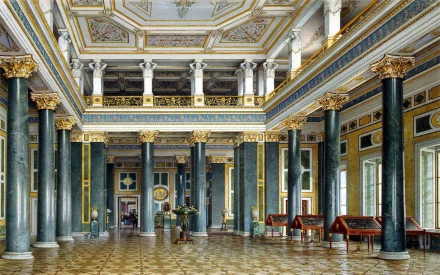 Luxurious man-made room with ornate gold detailing, tall columns, and intricate ceiling designs, captured as an HD PC desktop wallpaper and background.