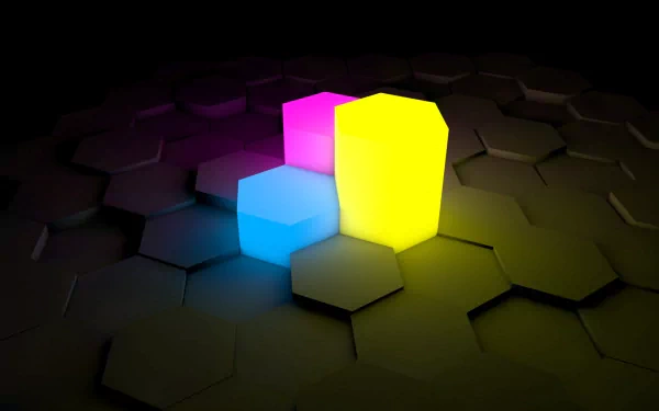 3D-rendered glowing hexagonal shapes in magenta, cyan, and yellow on a dark hexagon patterned background, HD CGI wallpaper.