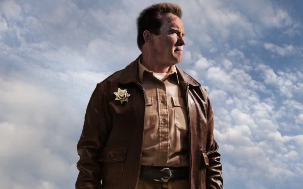 HD PC desktop wallpaper featuring celebrity Arnold Schwarzenegger in a sheriff uniform against a cloudy sky background.