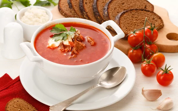 A vibrant bowl of soup garnished with herbs, accompanied by fresh tomatoes, sour cream, and slices of bread on a wooden board, set against a bright and inviting background.