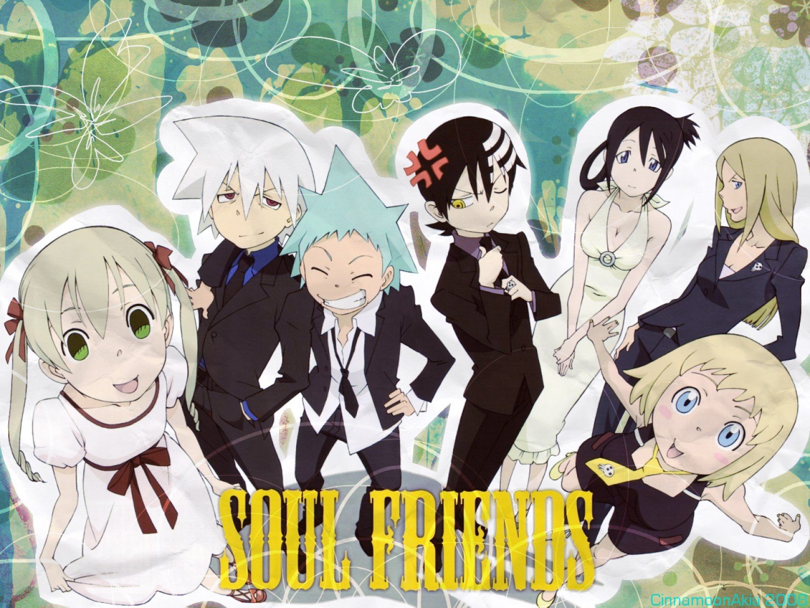 Anime-themed HD wallpaper featuring characters from Soul Eater, showcasing a vibrant background with the text Soul Friends and a group of diverse characters in stylish attire.