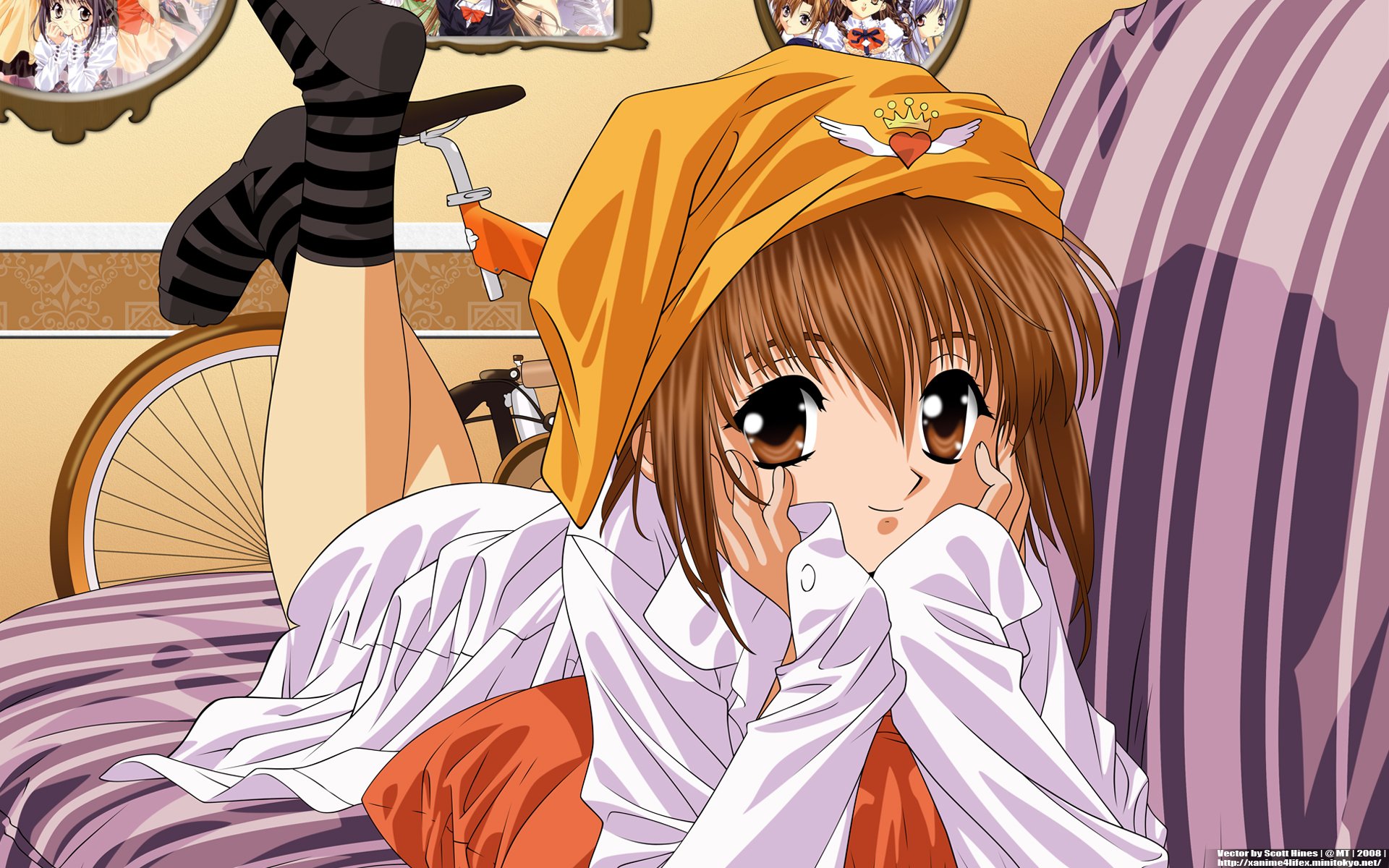 Anime Sister Princess HD PC wallpaper/background: brown-haired girl with yellow headscarf and striped socks lounging on a purple-striped bed, big expressive eyes and a shy pose.