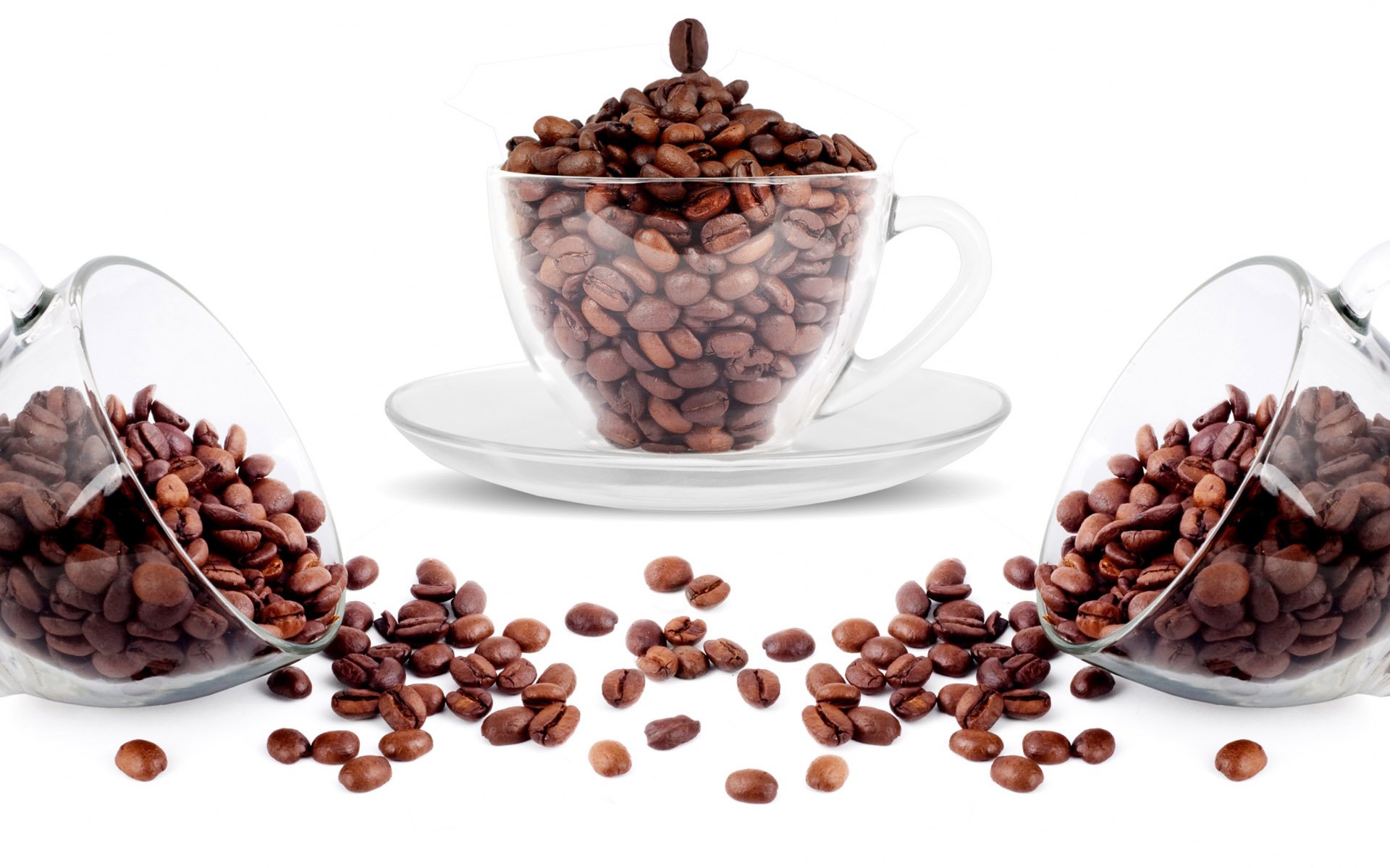 HD PC desktop wallpaper featuring transparent coffee cups filled and surrounded by scattered coffee beans on a white background.