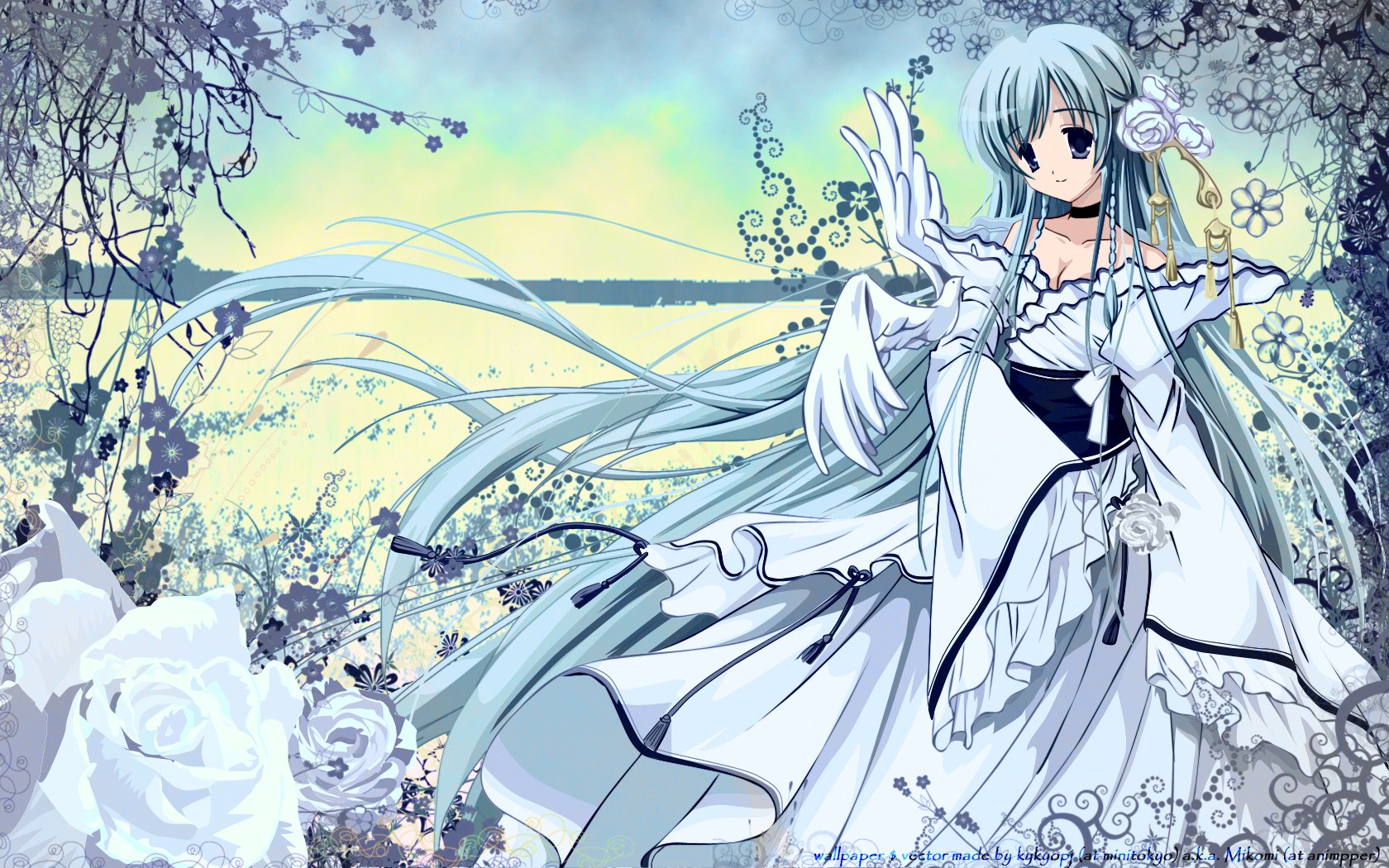 HD PC desktop wallpaper featuring Hatsune Miku from Vocaloid in an elegant white dress with flowing hair, set against a delicate floral and pastel background.
