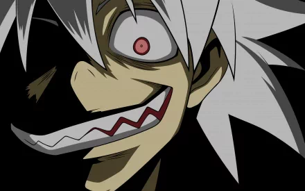 A close-up of a character from the anime Soul Eater, featuring their wild expression and distinct features, set against a dark background, making for a striking HD desktop wallpaper.