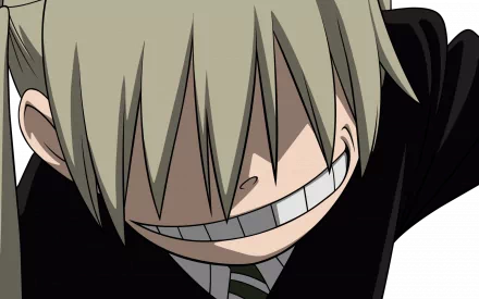 HD PC desktop wallpaper featuring Maka Albarn from the anime Soul Eater with a close-up of her face and a mischievous grin.