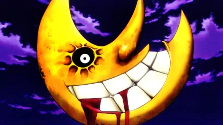 A vibrant HD wallpaper featuring the iconic moon from the anime Soul Eater, characterized by its large, toothy grin and dramatic, colorful background.