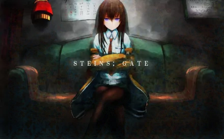 HD wallpaper image featuring Kurisu Makise from the anime Steins;Gate, sitting on a couch with a contemplative expression. The background is dark and moody, highlighting the title Steins;Gate in the center.