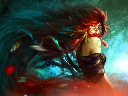A fantasy woman with flowing red hair adorned with feathers is depicted in this HD wallpaper, set against a mystical and vibrant background, creating an enchanting and dynamic scene.