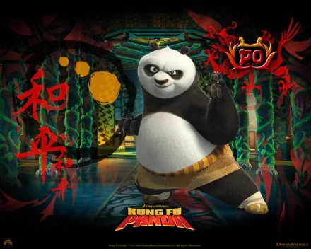 Po from Kung Fu Panda strikes a playful pose in this HD PC desktop wallpaper, showcasing vibrant colors and dynamic design inspired by the beloved movie.