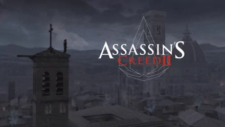 Assassin's Creed II video game HD PC desktop wallpaper background: foggy Renaissance cityscape with a silhouetted bell tower and the Assassin's Creed II logo over a moody skyline.