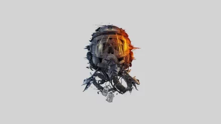HD PC desktop wallpaper of the Crysis video game: a fragmented, metallic nanosuit helmet with glowing orange highlights on a pale gray background.