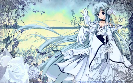 HD PC desktop wallpaper featuring Hatsune Miku from Vocaloid in an elegant white dress with flowing hair, set against a delicate floral and pastel background.