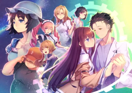 HD wallpaper featuring characters from Steins;Gate, including Itaru Hashida, Suzuha Amane, Faris Nyannyan, Luka Urushibara, Mayuri Shiina, Rintaro Okabe, and Kurisu Makise.