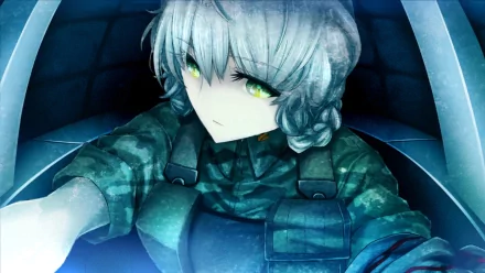 Suzuha Amane from Steins;Gate depicted in a detailed HD wallpaper, showcasing her thoughtful expression and military attire against a dark, atmospheric background.