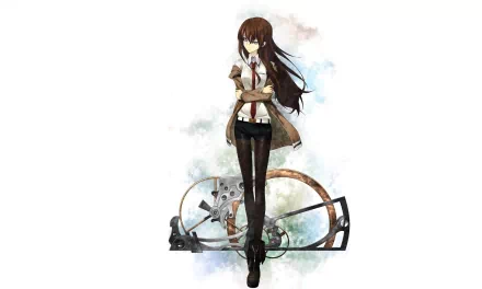 Kurisu Makise from Steins;Gate stands confidently against a dynamic watercolor background, embodying the spirit of the anime in this HD desktop wallpaper.