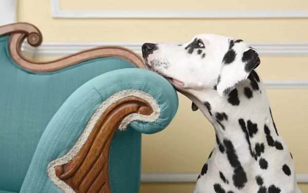 HD desktop wallpaper featuring a cute Dalmatian dog resting its head on the armrest of a vintage teal sofa, showcasing the charm of this spotted animal.